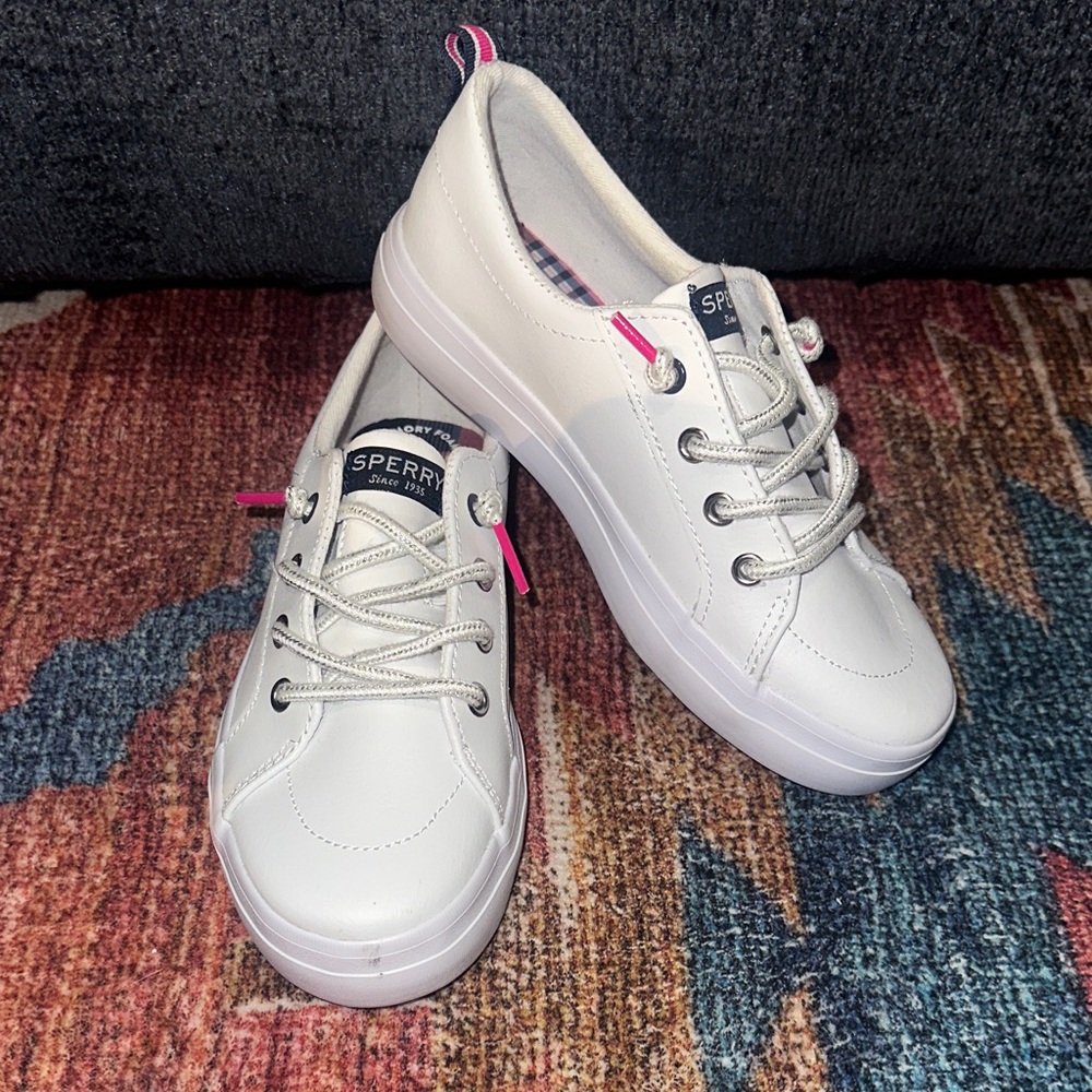 Sperry, memory foam, Kids White Sneakers with Pink Accents